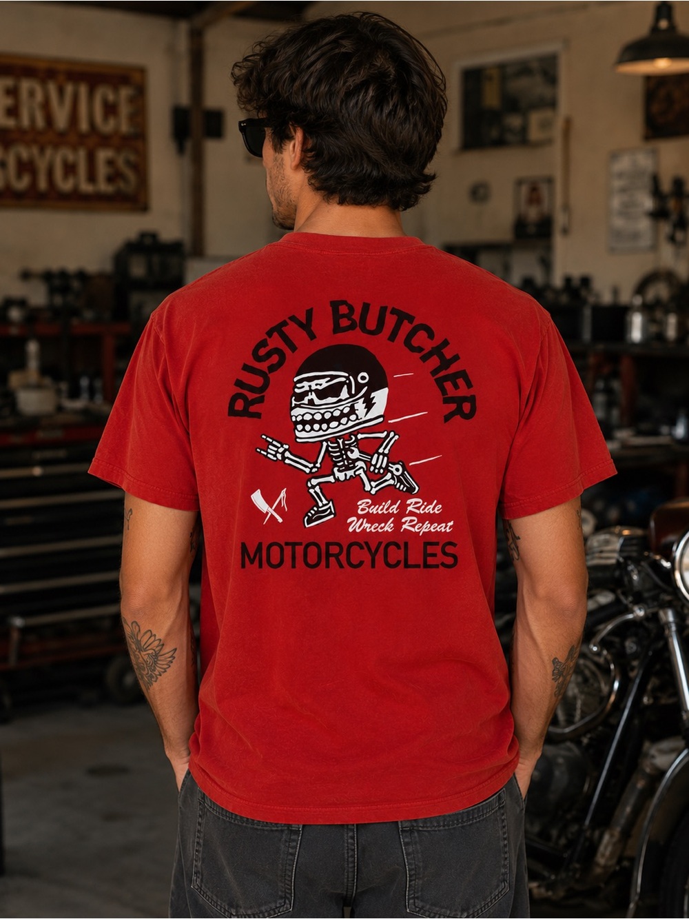 Rusty Butcher Motorcycles Graphic T-Shirt  Skeleton Biker Tee Made USA